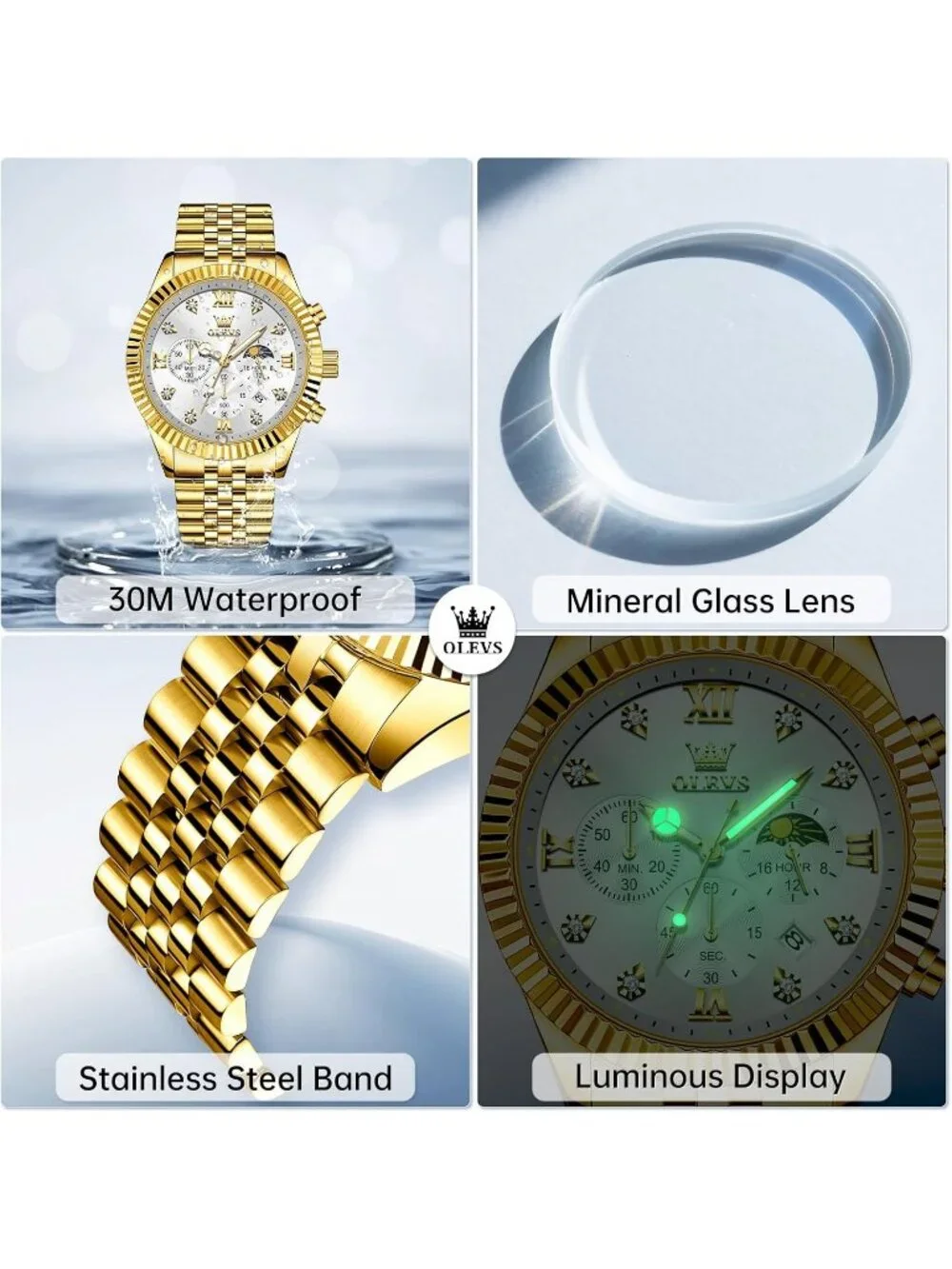 Men's White Gold Diamond Stainless Steel Waterproof Roman Numbers Classic Watch